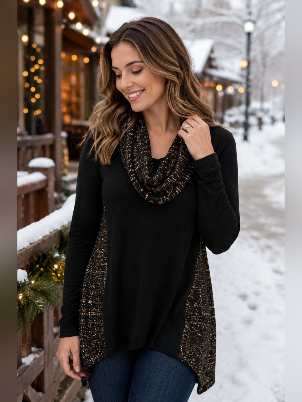 ✨ Style & Co Black Knit Tunic Sweater with Gold Metallic Sequin Cowl Neck | Size